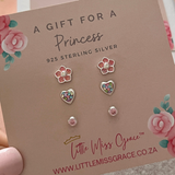 Kids 3 pack earring stud sets, Heart, CZ Stone & Flower Multipack for girls, sterling silver, hypoallergenic