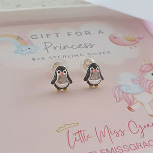 Silver penguin earrings for children