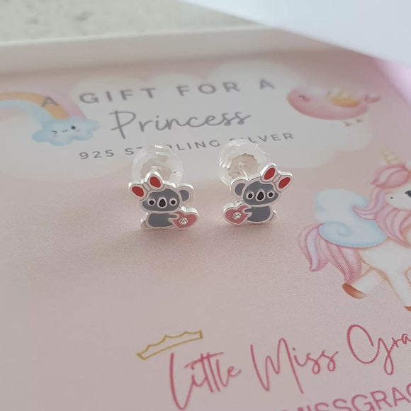 Silver koala bear earrings for kids