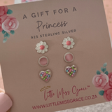 Kids 3 pack earrings stud set, sterling silver, hypoallergenic, flowers, hearts and pink studs for girls.