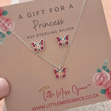 Kids Butterfly Earrings & Necklace Jewellery Set Gift for Girls, 925 Sterling Silver.