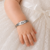 Silver Personalized engraved identity baby bangle with open cuff, adjustable size with name