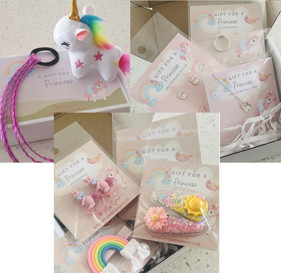 Unicorn Surprize Box - 1 Mini Unicorn, 3 x Silver Pieces, 10 x Hair Accessories for Children, Assorted Styles in a Box (Worth R1000)