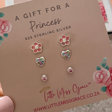 925 Sterling Silver - Kids 3 Pack Earring Set, Hearts, CZ Stones & Flower Studs Gift Set for Girls Age 3 & Up