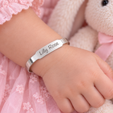 Silver personalized engraved ID baby cuff bangle, adjustable size, water and tarnish proof