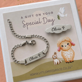Silver personalised engraved ID baby bracelet and brooch pin, baby dedication christening gift set