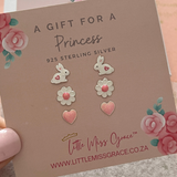 925 Sterling Silver - Kids 3 Pack Earring Set, Heart, Bunny & Flower Studs Gift Set for Girls Age 3 & Up