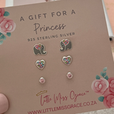 925 Sterling Silver - Kids 3 Pack Earring Set, Hearts, CZ Stones & Elephant Studs Gift Set for Girls Age 3 & Up