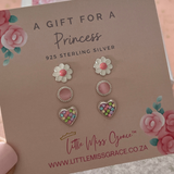 925 Sterling Silver - Kids 3 Pack Earring Set, Flower, Pink Stones & Heart Studs Gift Set for Girls Age 3 & Up