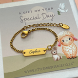 Personalized engraved baby toddler bracelet for kids, gold stainless steel, hypoallergenic, water and tarnish proof.