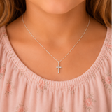 Sterling Silver CZ Cubi Zirconia Stones Cross Necklace for girls.