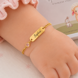 Gold Baby ID Bracelet for baby girls, adjustable size, hypoallergenic, water and tarnish proof with engraved name.  Personalized engraved kids I bracelet for children.