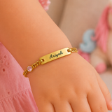 Personalised gold baby ID bracelets and bangles for baby girls, adjustable water and tarnish proof, engraved with name, online store in South Africa.