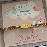 Personalized engraved baby kids bracelet with amethyst june stone, water and tarnish proof stainless steel, hypallergenic lead and nickel free.