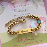 Personalized engraved kids bay bracelet, stainless steel water and tarnish proof.  Hypoallergenic lead and nickel free.