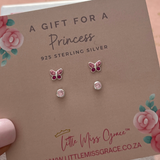 925 Sterling Silver - Kids 2 Pack Earring Gift Set: Tiny Butterfly & CZ Studs 3mm (Age 3 & Up)