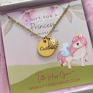 KN33 - Children's Personalized CZ Flower Necklace, Stainless Steel, 12mm Disc, Age: 3-16 years (READY IN 3 DAYS)