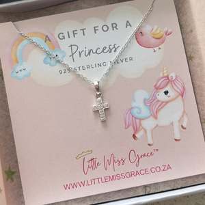 MG723 - 925 Sterling Silver Light Pink CZ Cross Necklace, Size 7x9mm, 39cm chain (4-12 years old)