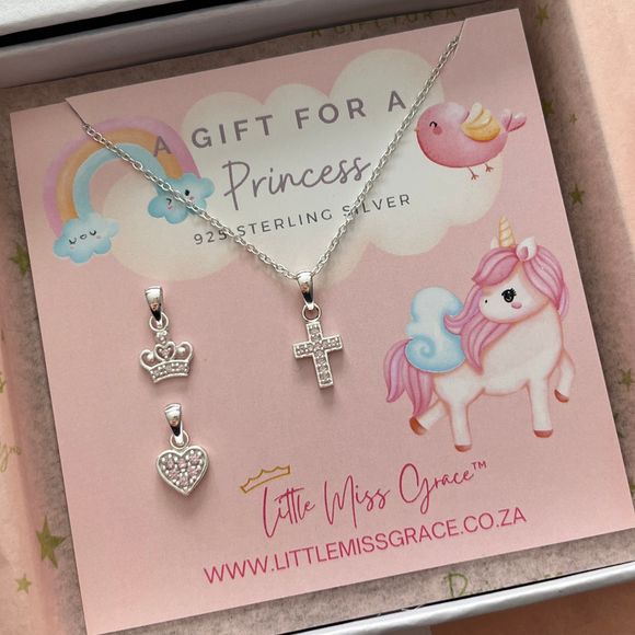 925 Sterling Silver Necklace Gift Set, 3 Pink CZ Stone Interchangeable Pendants, For Girls Age 5-12 Years
