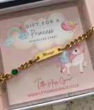 Personalized engraved kids ID bracelets, adjustable size, water and tarnish proof, lead and nickel free.