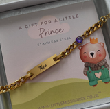 Personalized engraved boys baby bracelet, adjustable size, lead and nickel free, water and tarnish proof.