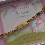 Personalized engraved baby bracelet for kids, water and tarnish proof, hypoallergenic, lead and nickel free.