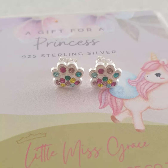 Children's silver crystal paw print earrings