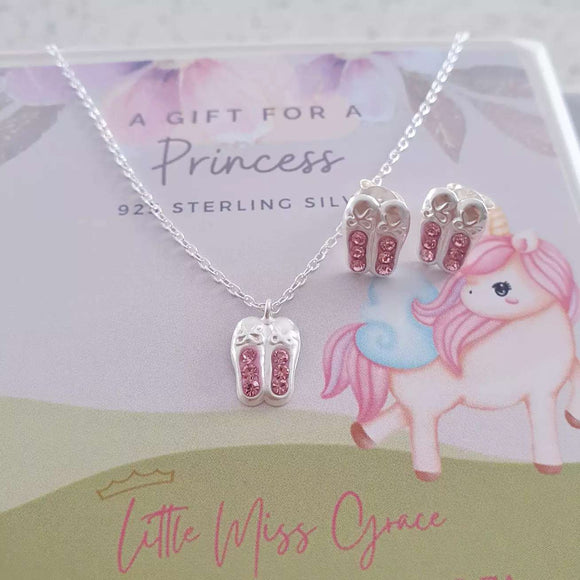 children's silver ballerina shoes earrings and necklace