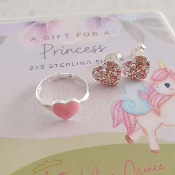 SET29 - 925 Sterling Silver Children's Jewelry Set - Crystal Heart earrings with Pink Glitter Ring, Adjustable size age 3-12 years