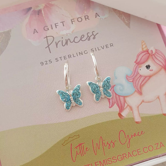 Children's blue butterfly hoop earrings