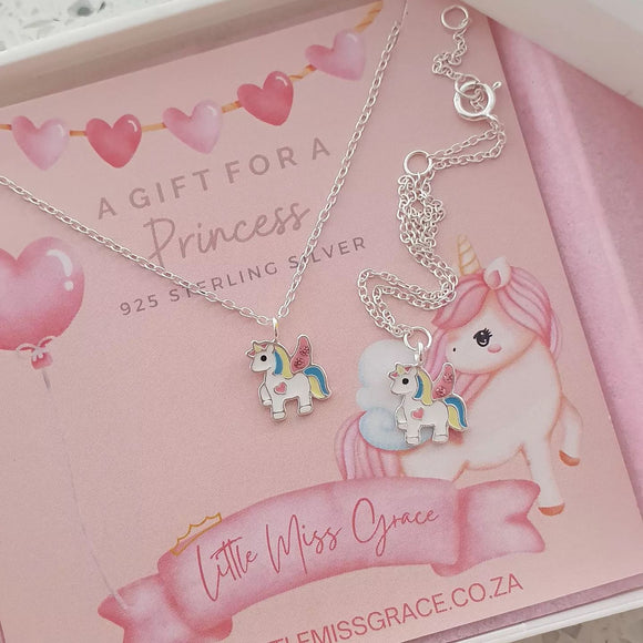 SET17 - Children's Sterling Silver Unicorn Necklace & Bracelet, For 5 years and up, Adjustable Bracelet to 14cm, 16cm or 18cm