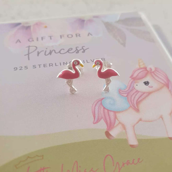 Children's silver flamingo earrings