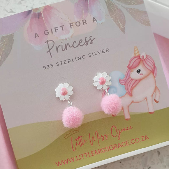 Children's flower earrings with pom poms