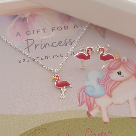 children's silver flamingo earrings and necklace