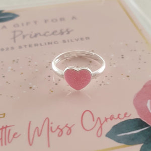 Children's silver pink glitter heart ring