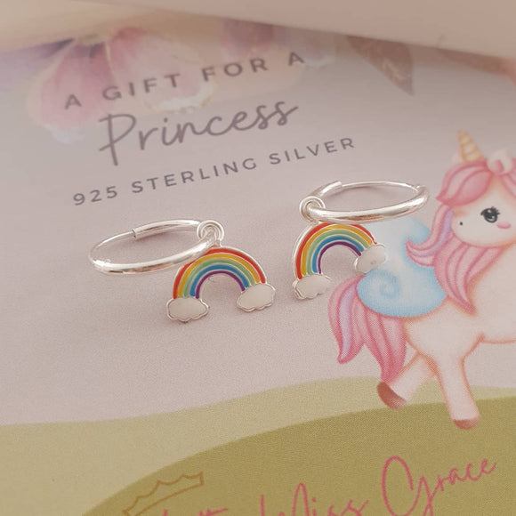 Children's silver hoop rainbow earrings