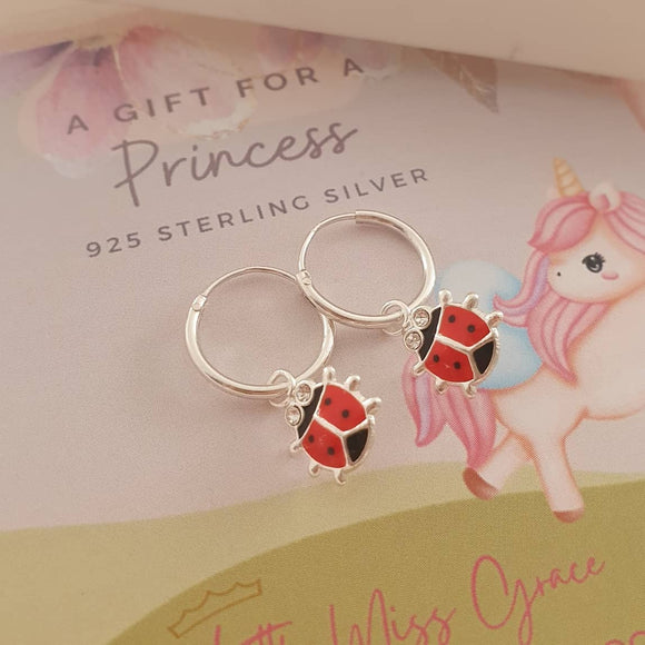 silver ladybug hoop earrings