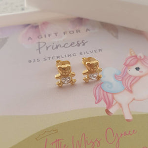 Gold teddy bear earrings for kids