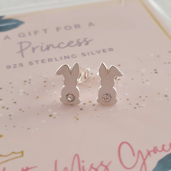 MG70 - 925 Sterling Silver Children's Crystal Rabbit Earrings, 7x9mm