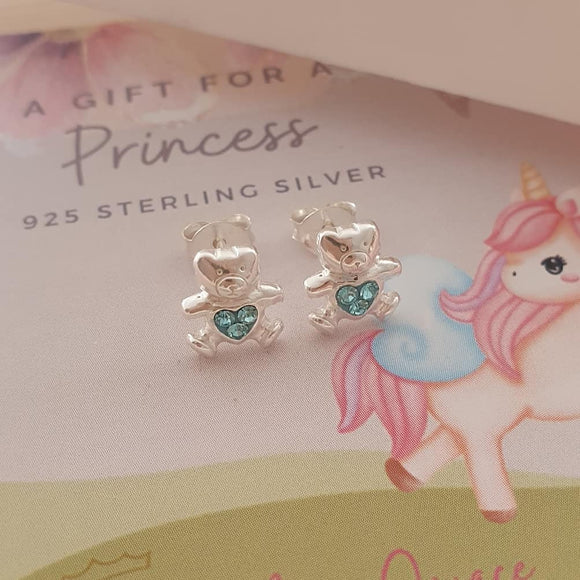 Children's silver blue teddy bear earrings